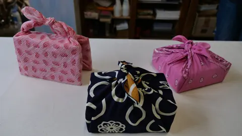 Gifts wrapped in colourful Japanese furoshiki cloths