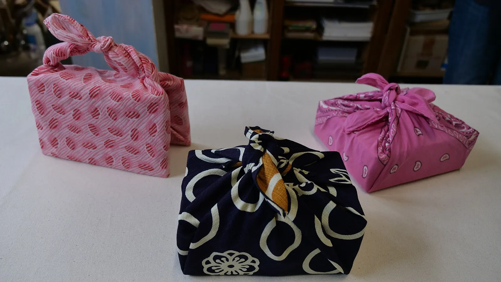 Gifts wrapped in colourful Japanese furoshiki cloths