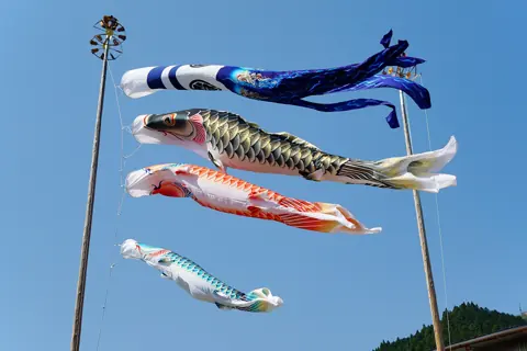 Koinobori carp streamers flying against a blue sky in May