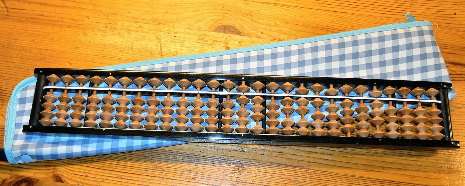 A Japanese soroban abacus on a checked cloth