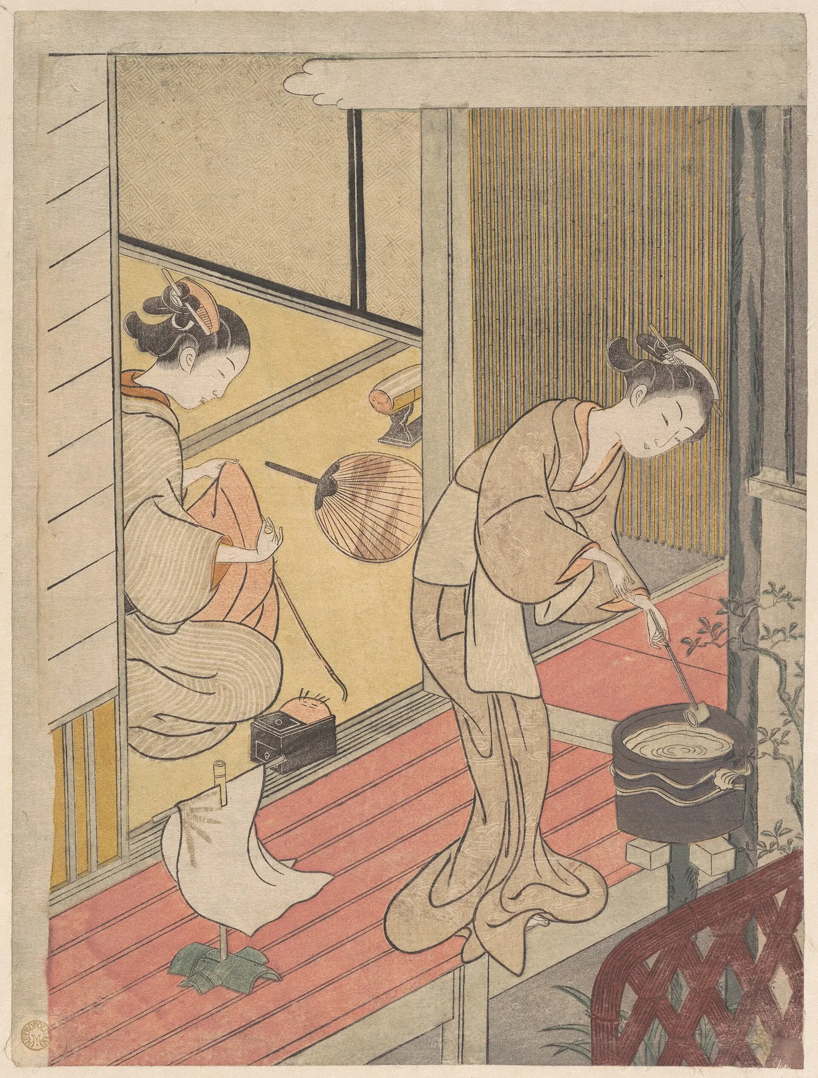 An eighteenth-century Japanese woodblock print by Suzuki Harunobu showing two women in a room